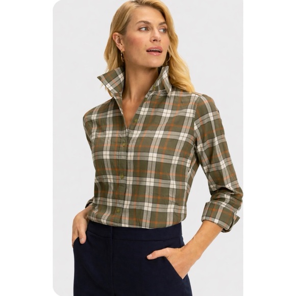 Sarah Alexandra Tops - Sarah Alexandra Classic Cotton Olive Plaid Button-Down Shirt Size 12